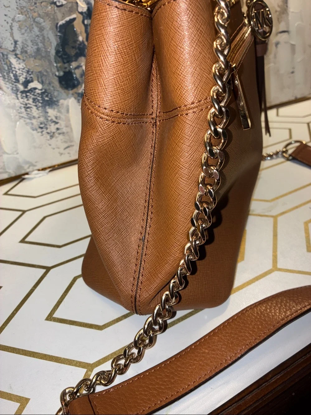 EUC Michael Kors Chestnut Leather Tote with  upgraded Chain Strap